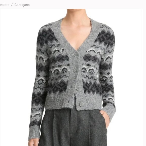 New VINCE Alpaca Knit Fair Isle V-Neck Cardigan Sweater Gray Black Womens L - Picture 7 of 7